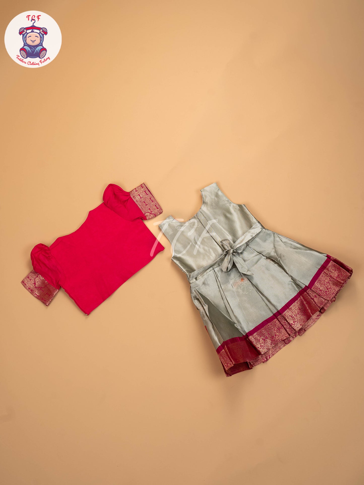 Pink & Light Grey - Kids Readymade Frocks