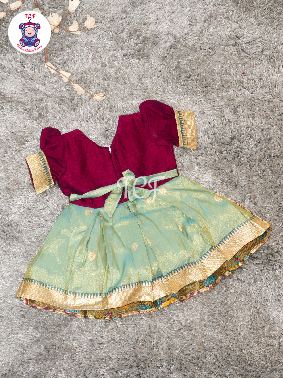 Wine & Mint Green – Girls Embroidered Semi Silk Frocks