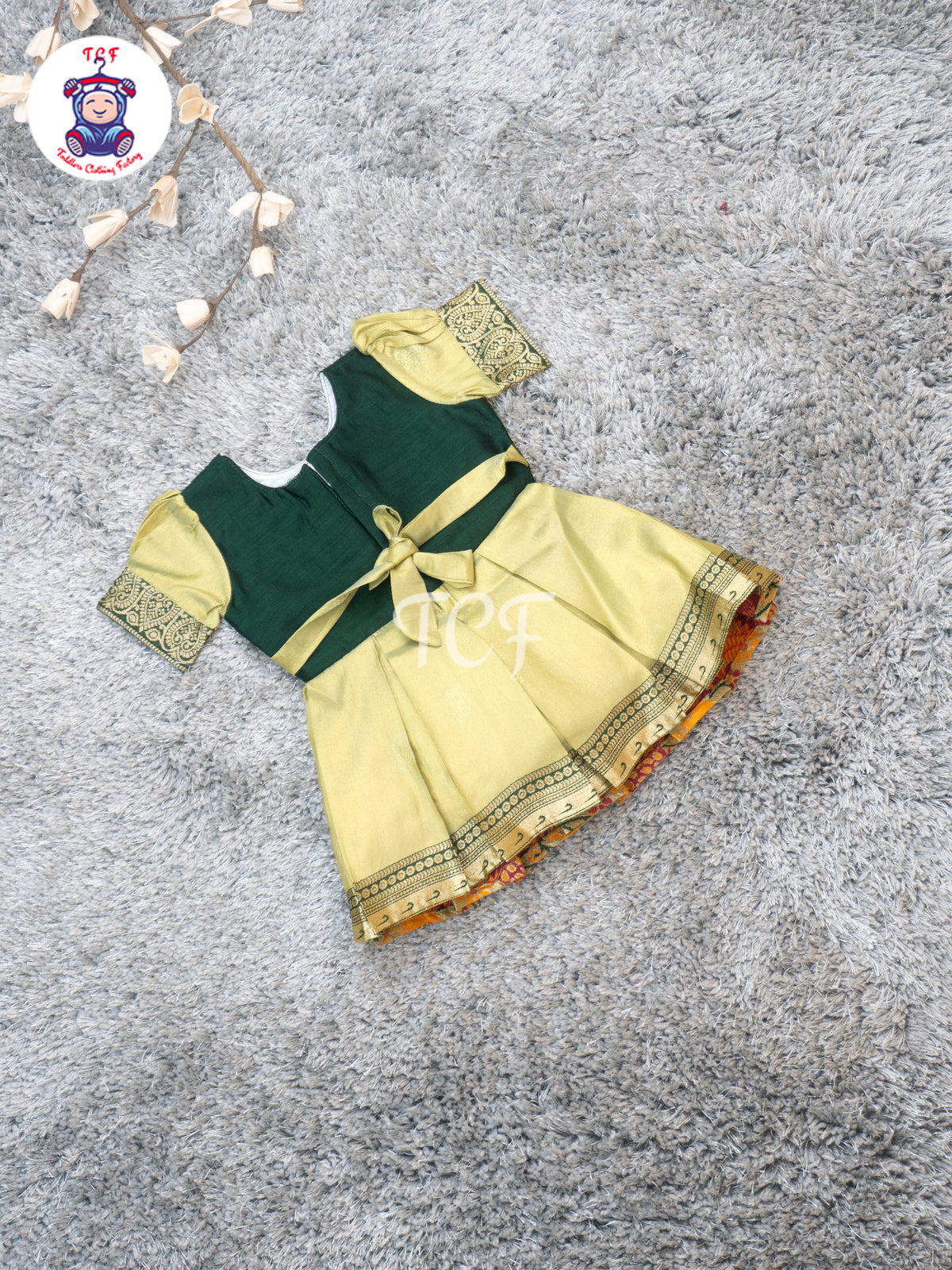 Bottle Green & Beige – Girls Embroidered Semi Silk Frocks