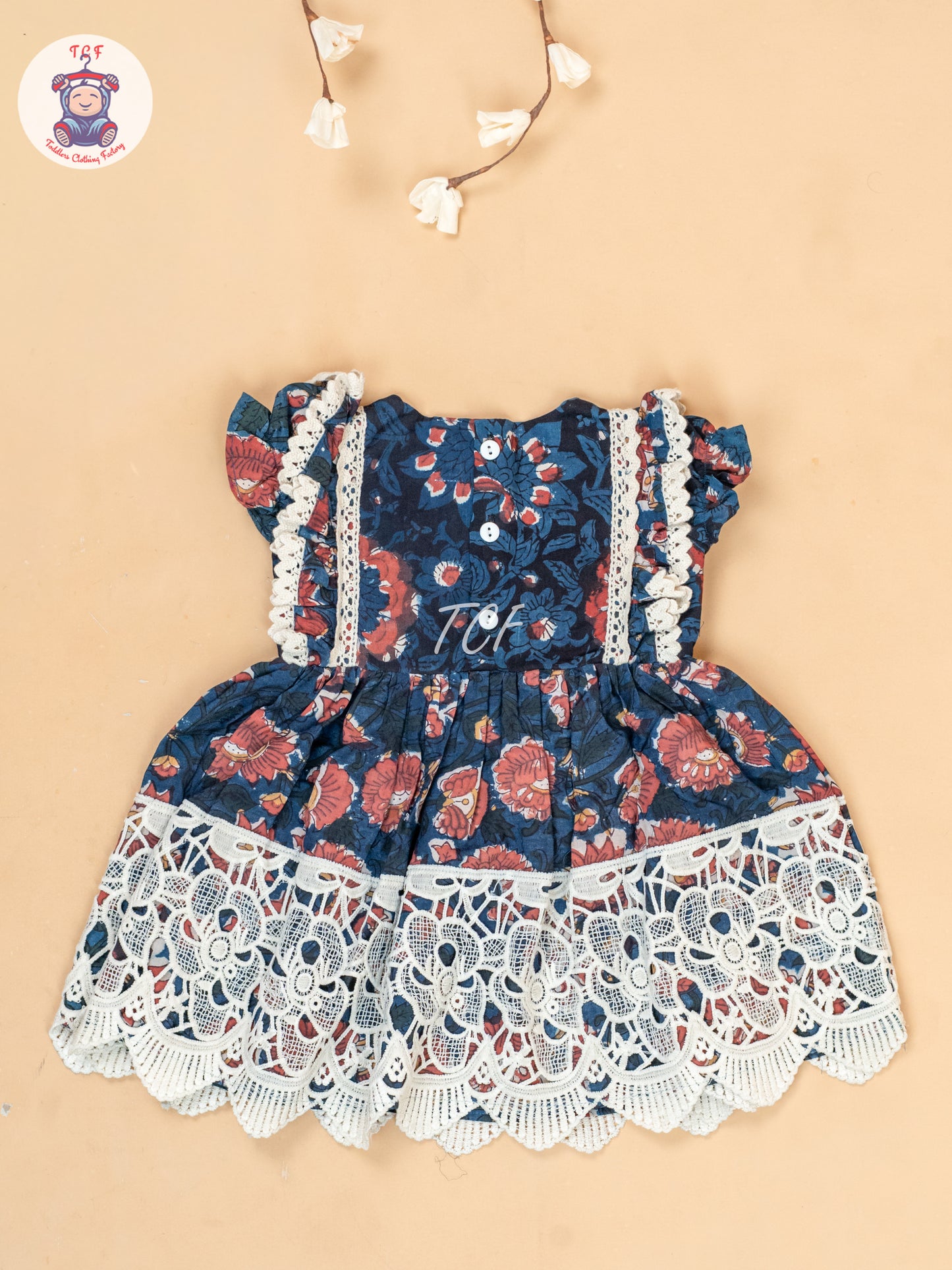 Navy Blue & Off White - Girls Cotton Embroidered Frocks