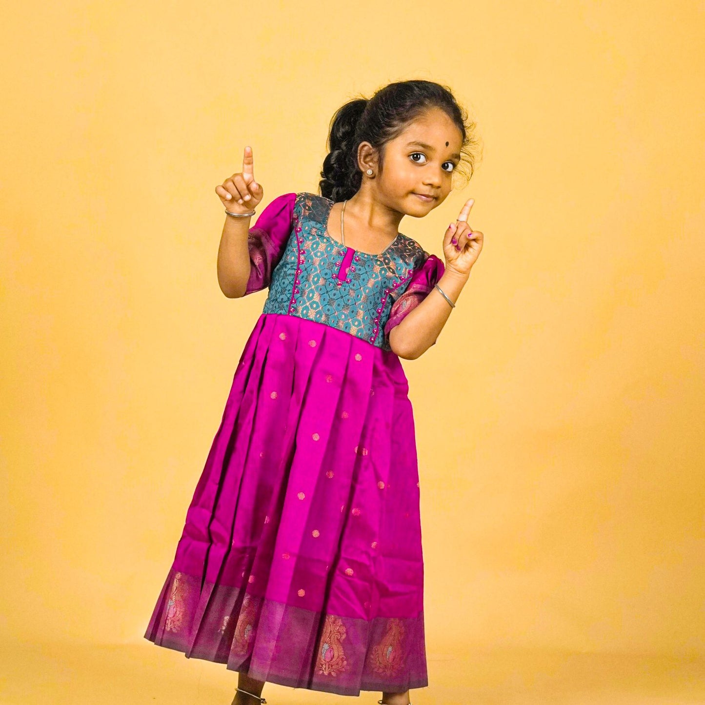Peacock Green & Pink - Long Frock