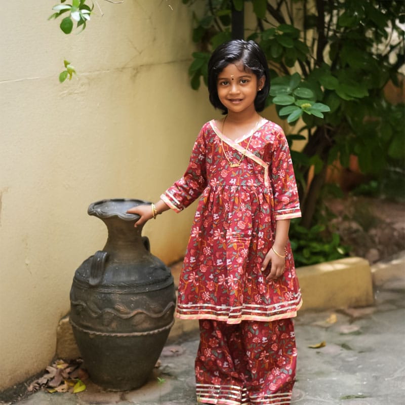 Rusty Brown - Floral Printed V-Neck Kurti Set
