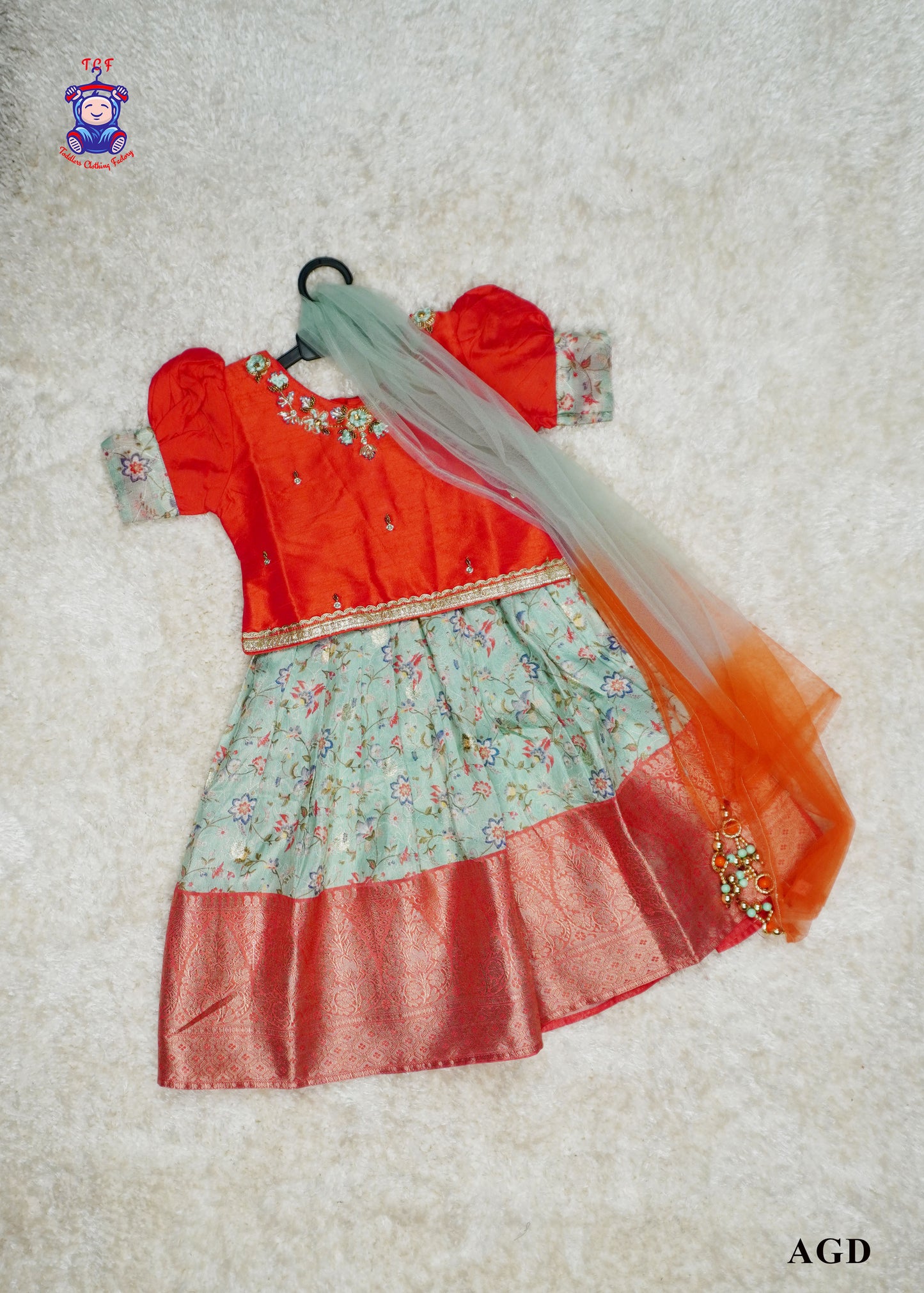 Red & Blue Floral Print - Semi Leghanga Choli