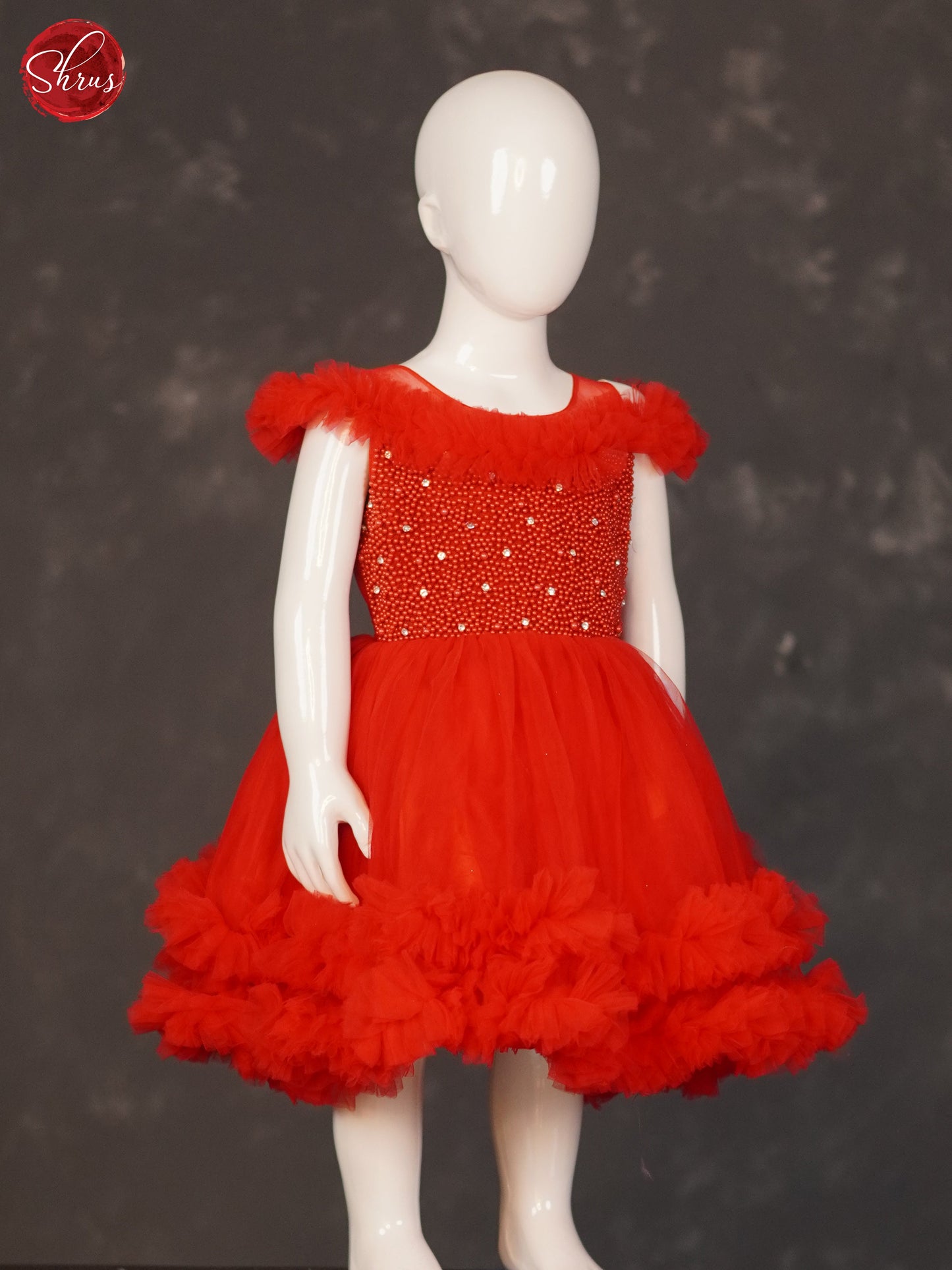 Red - Party Wear Netted Kids Frock - Shop on ShrusEternity.com