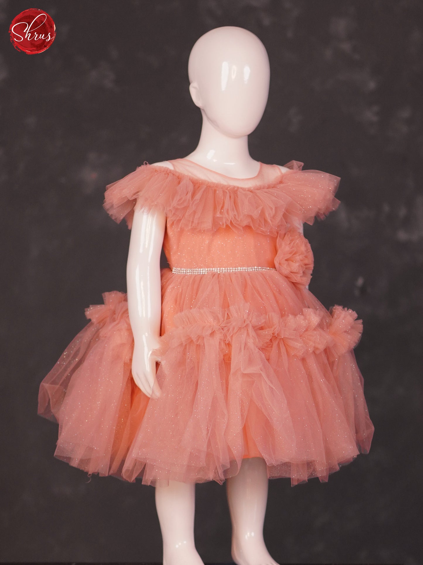 Peachish Orange - Knee Length Netted Kids Frock - Shop on ShrusEternity.com