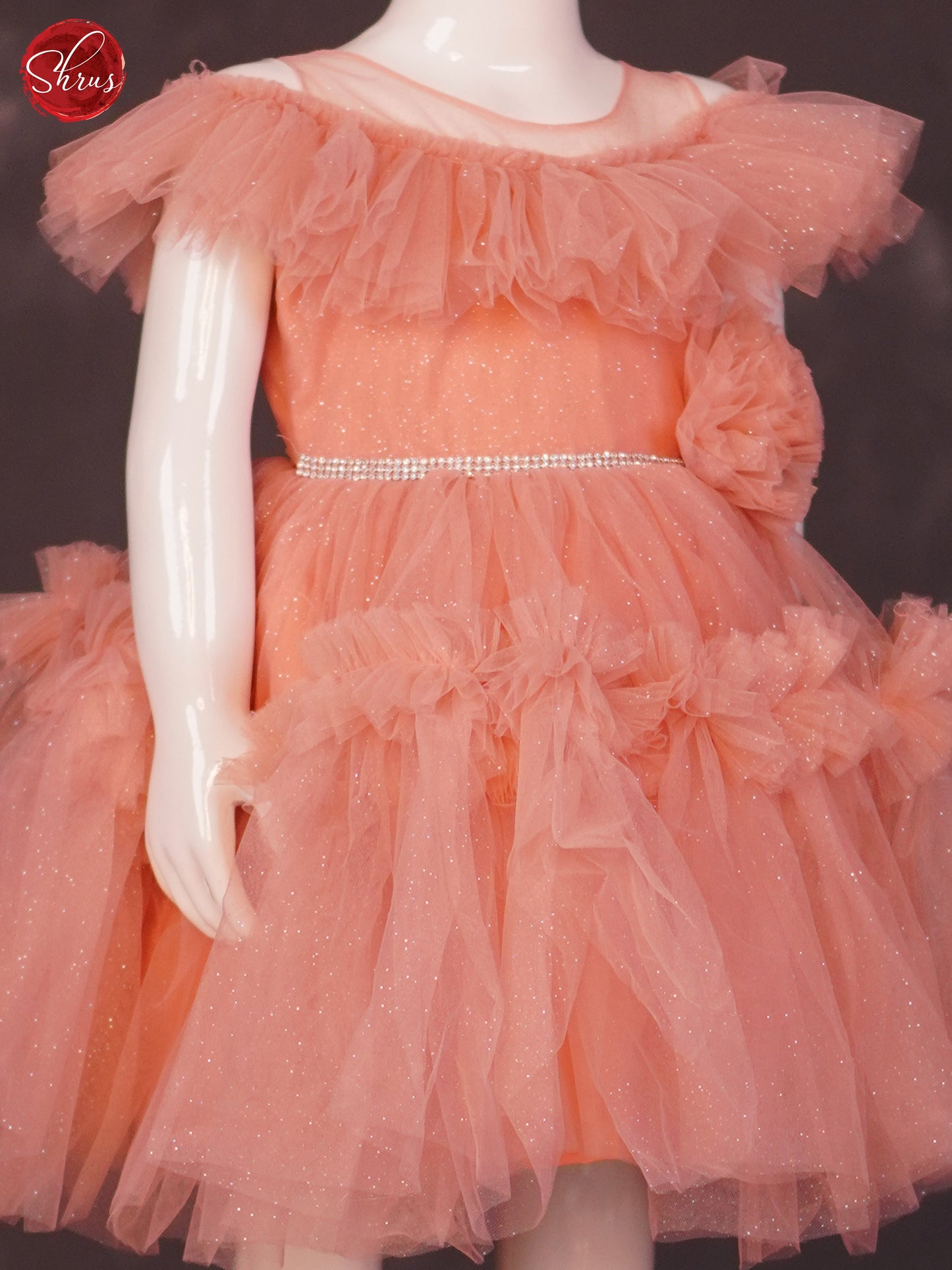 Peachish Orange - Knee Length Netted Kids Frock - Shop on ShrusEternity.com
