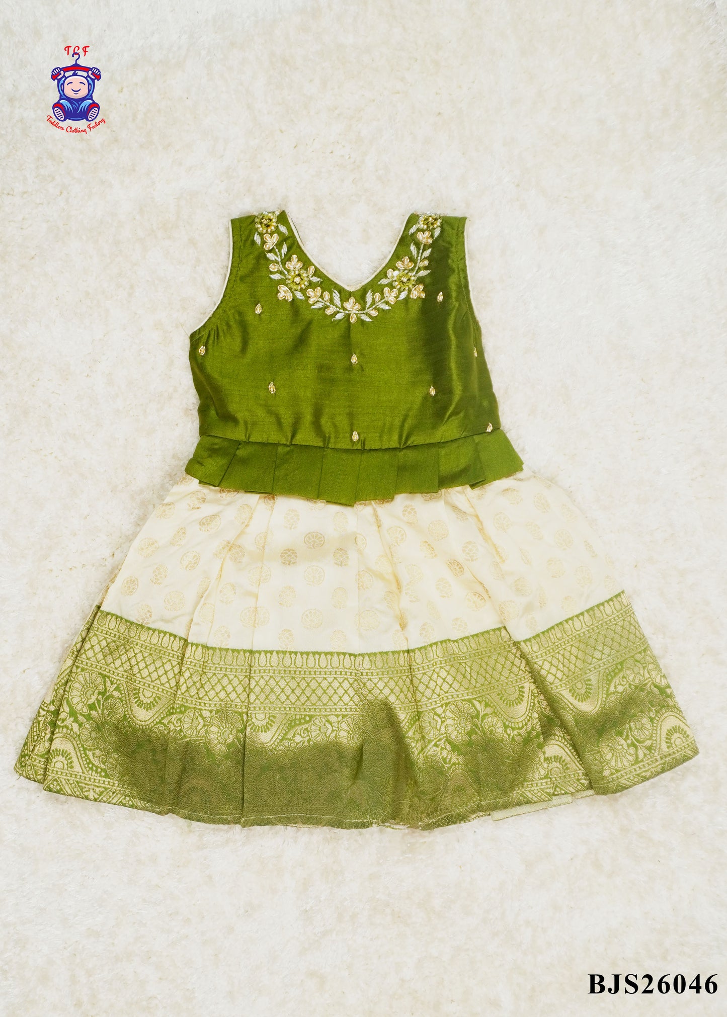 Green & Cream - Kids Readymade Frocks