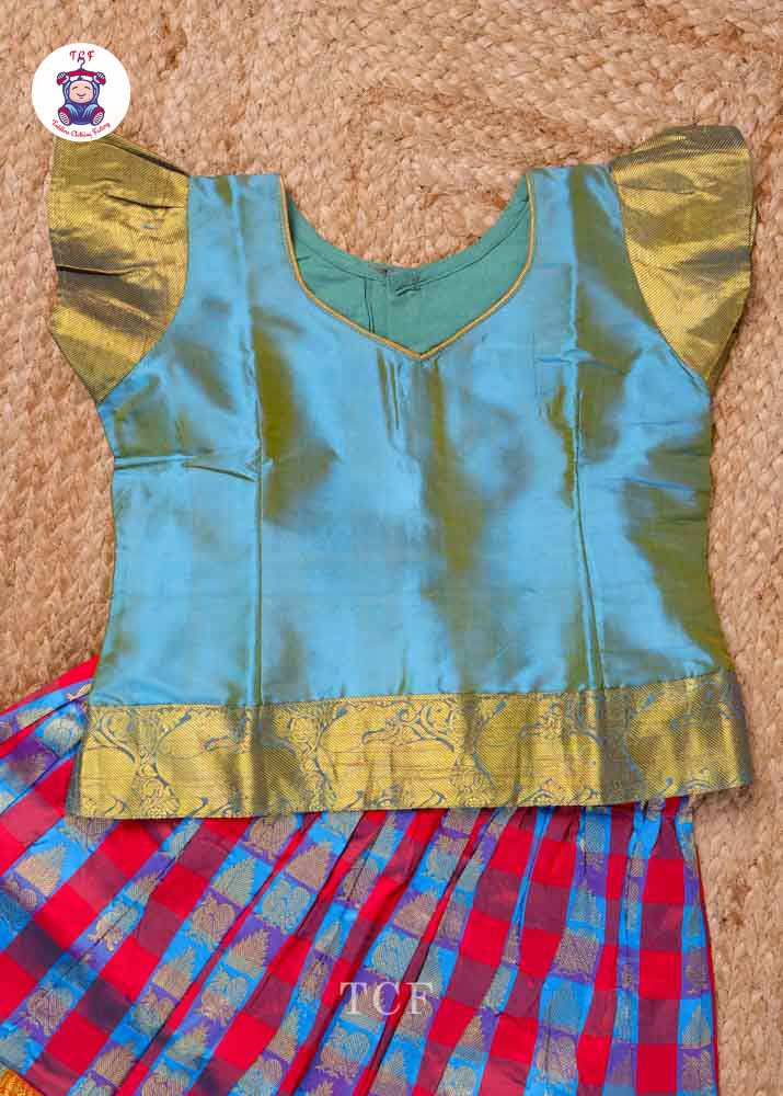 Blue and Red - Pure Pattu Pavadai Set
