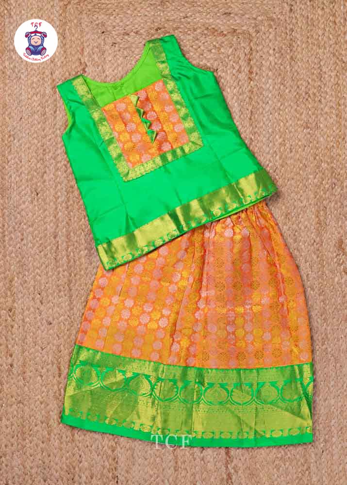 Green & Orange - Pure Pattu Pavadai Set