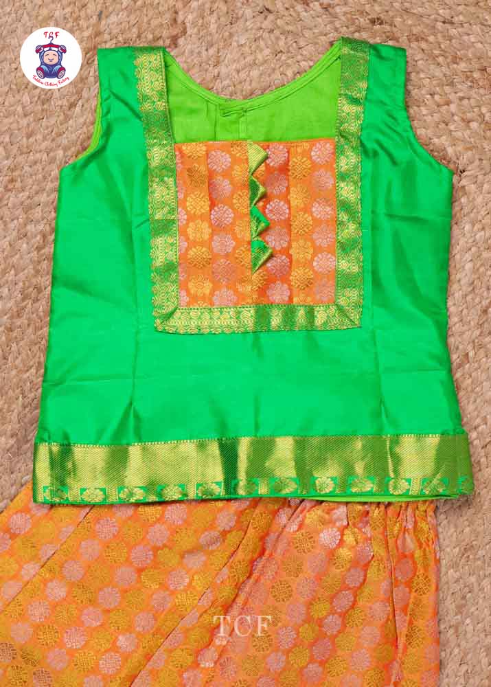 Green & Orange - Pure Pattu Pavadai Set
