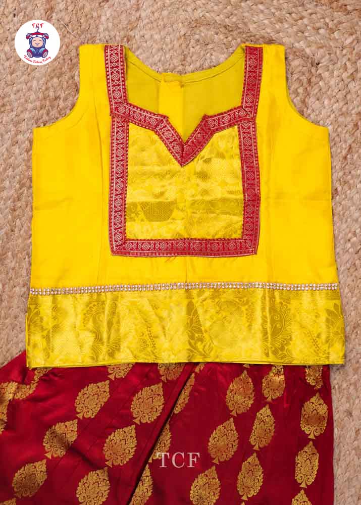 Yellow & Brown - Pure Pattu Pavadai Set