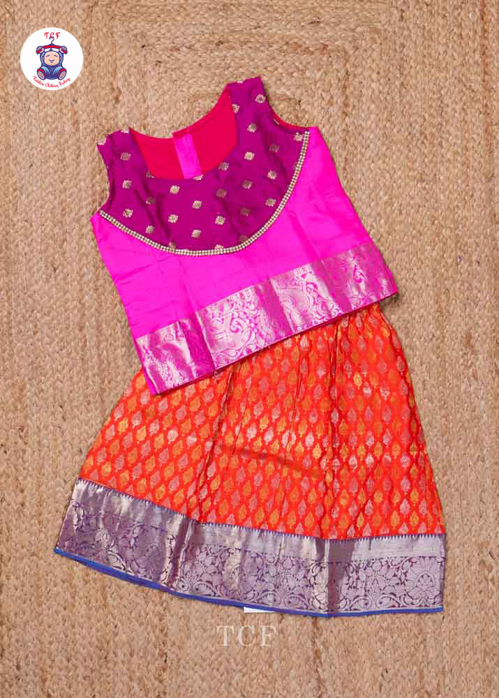 Pink & Orange - Pure Pattu Pavadai Set