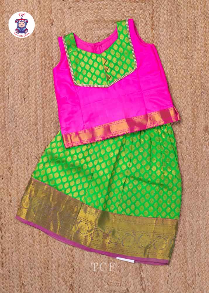 Pink & Green - Pure Pattu Pavadai Set
