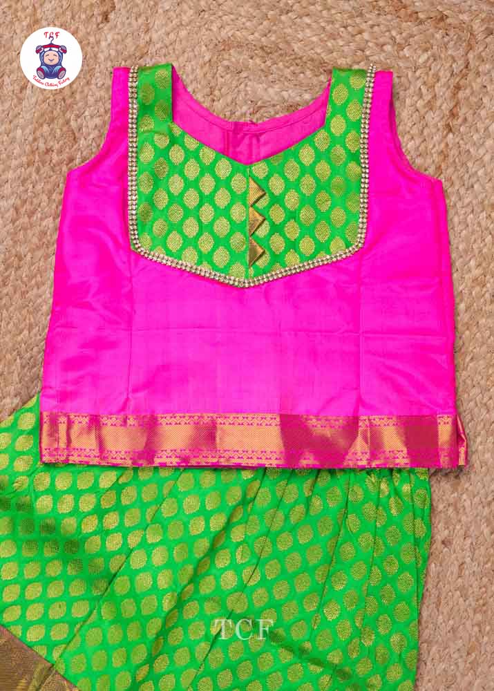 Pink & Green - Pure Pattu Pavadai Set