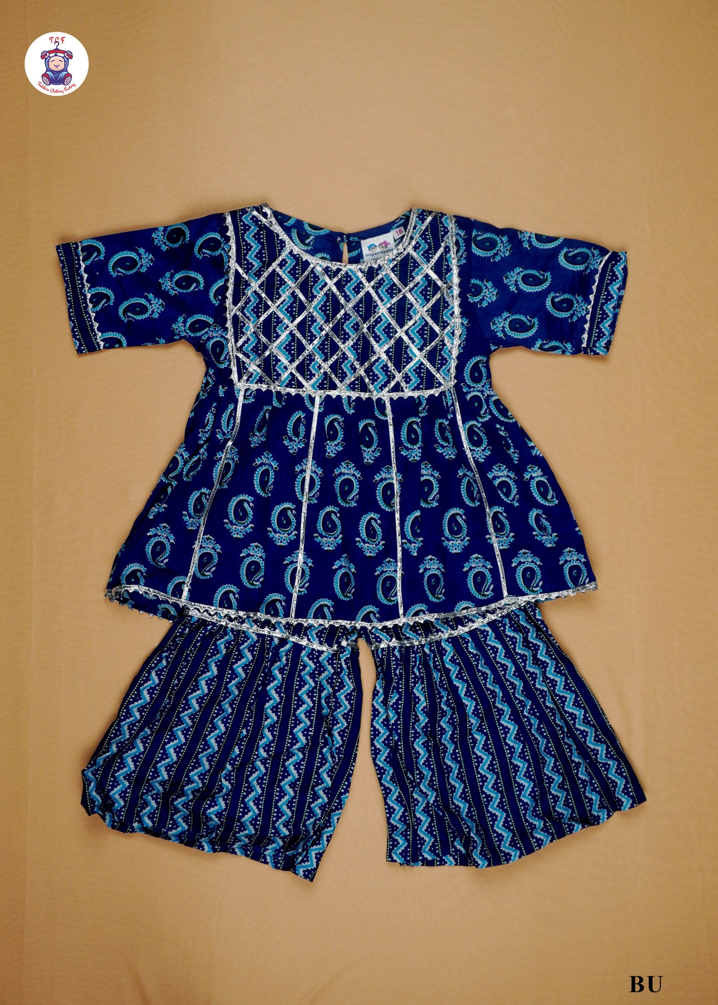 Navy Blue - Printed A-Line Kurta with Palazzos