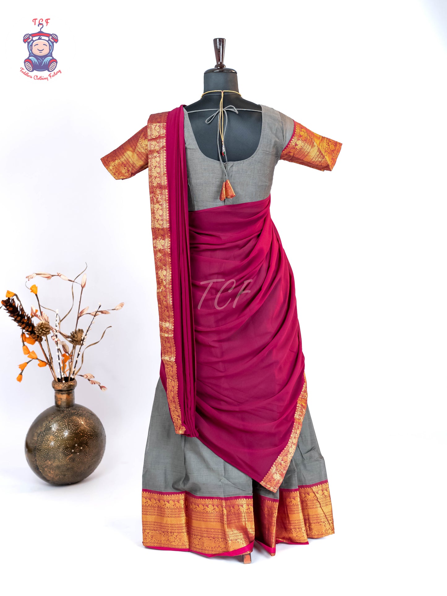 Grey & Wine - Chettinad Cotton Readymade Half Saree