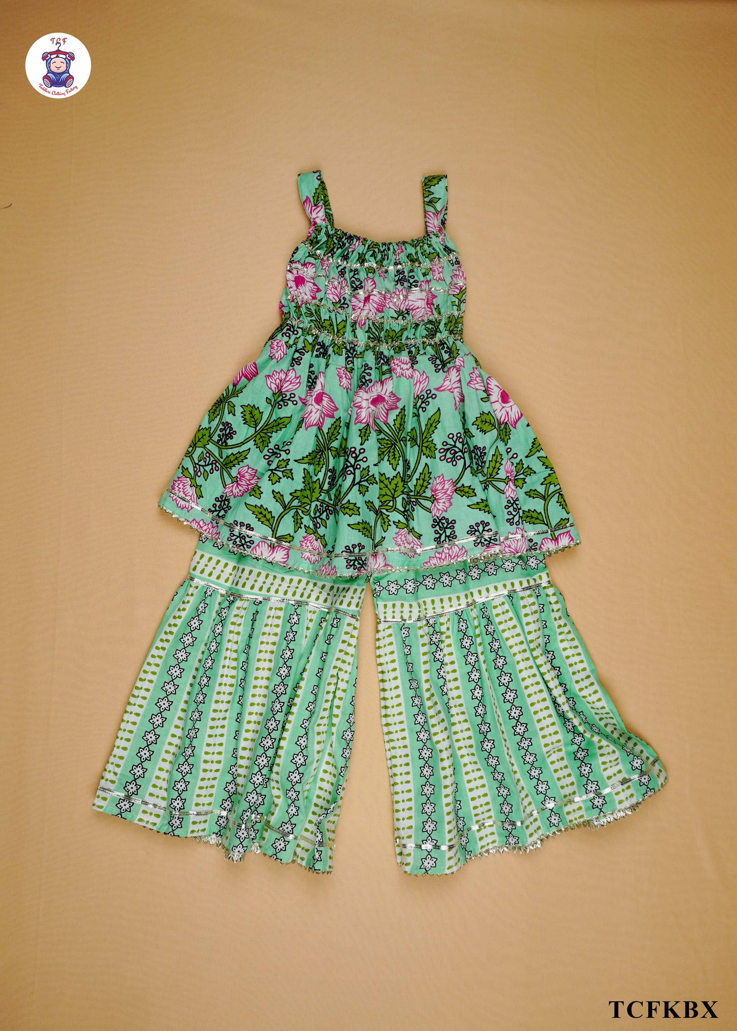 Mint Green - Floral Printed Sleeveless A-Line Kurti Set