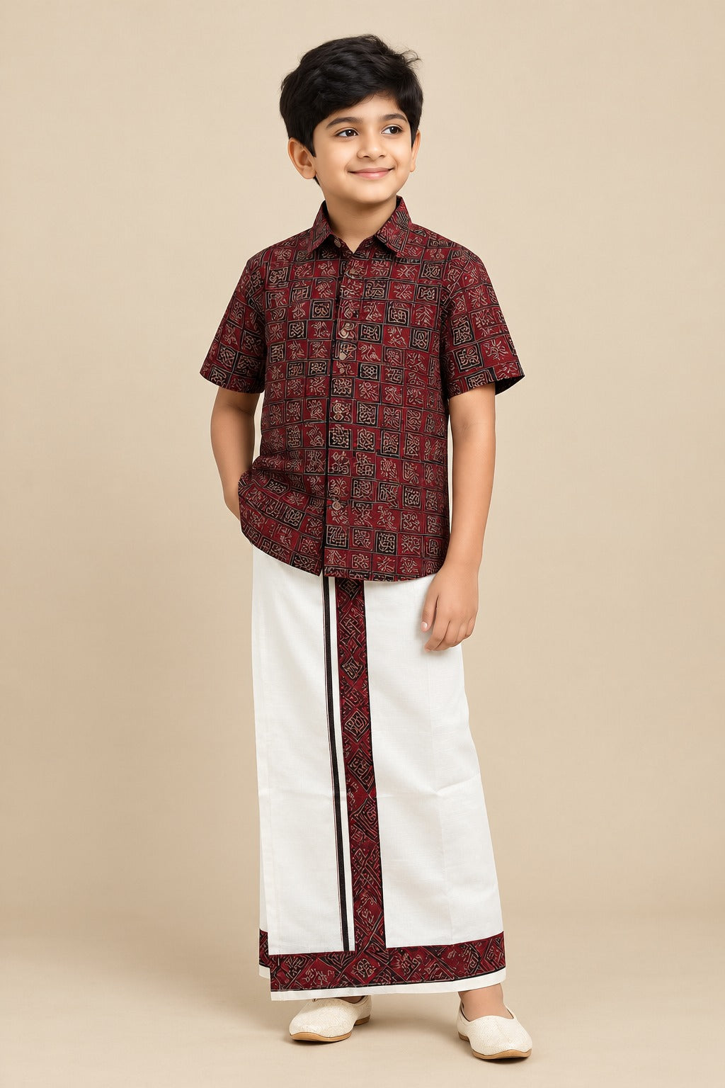 Maroon & Cream - Boys Welcro Dhotis & Shirts