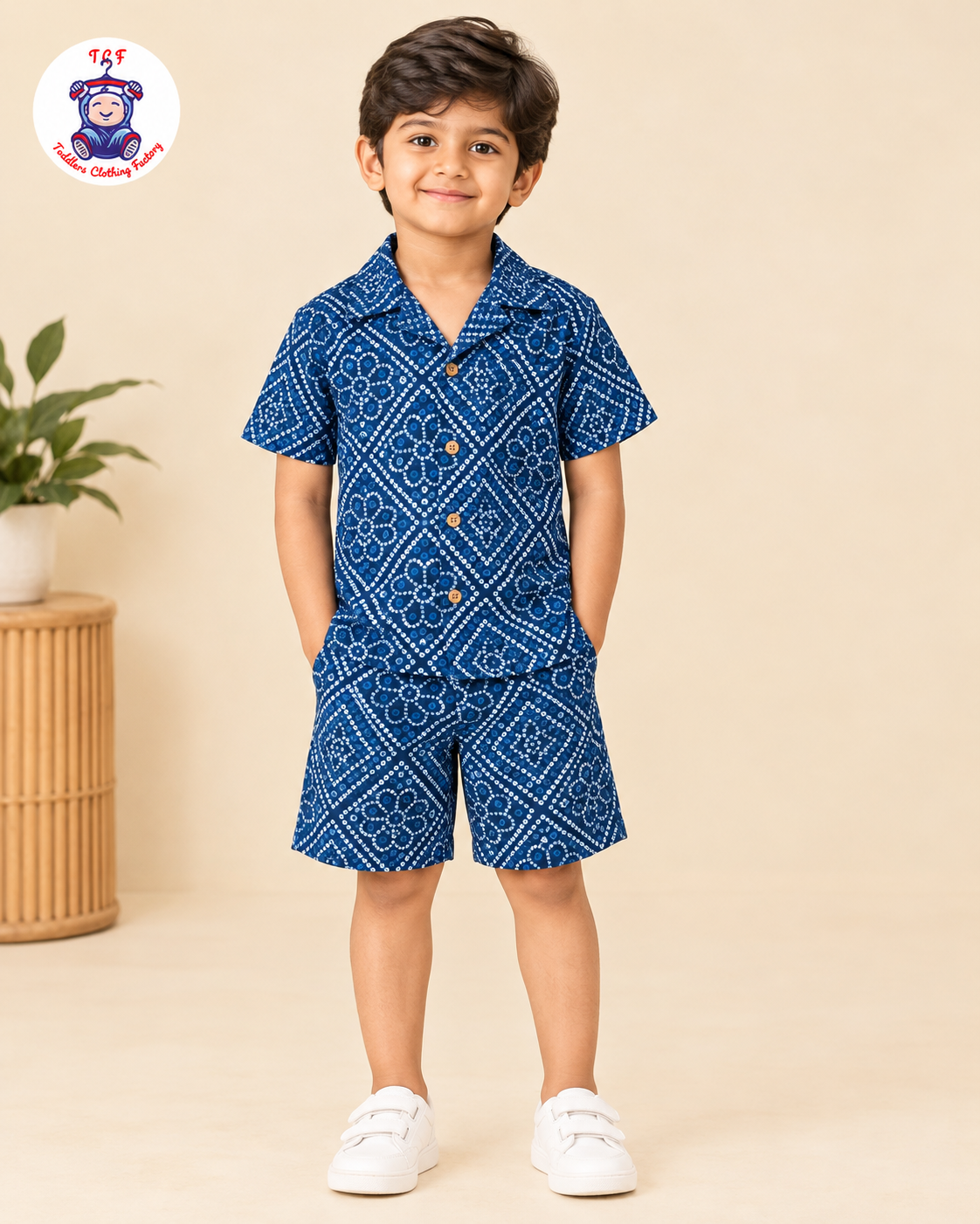 Blue - Boys Bandhini Printed Spread Collor Shirts & Shorts