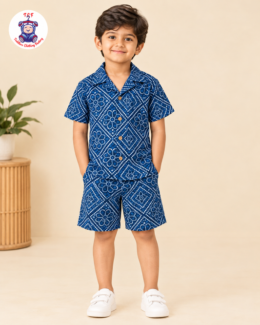 Blue - Boys Bandhini Printed Spread Collor Shirts & Shorts