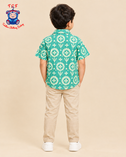 Green & Beige - Boys Readymade Bhatik Shirts