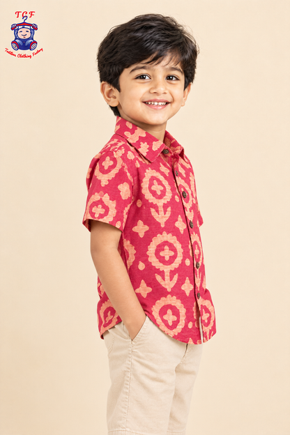 Red & Beige - Boys Readymade Bhatik Shirts