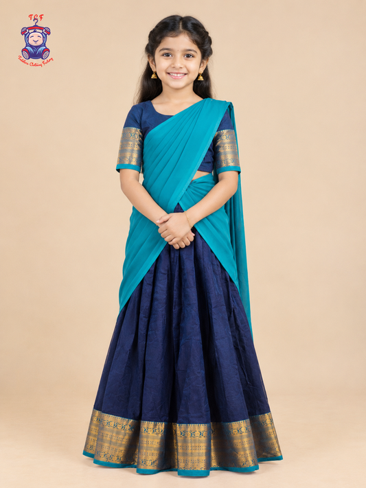 Chettinad Cotton Half Saree - Navy Blue & Turquoise with Gold Zari Border