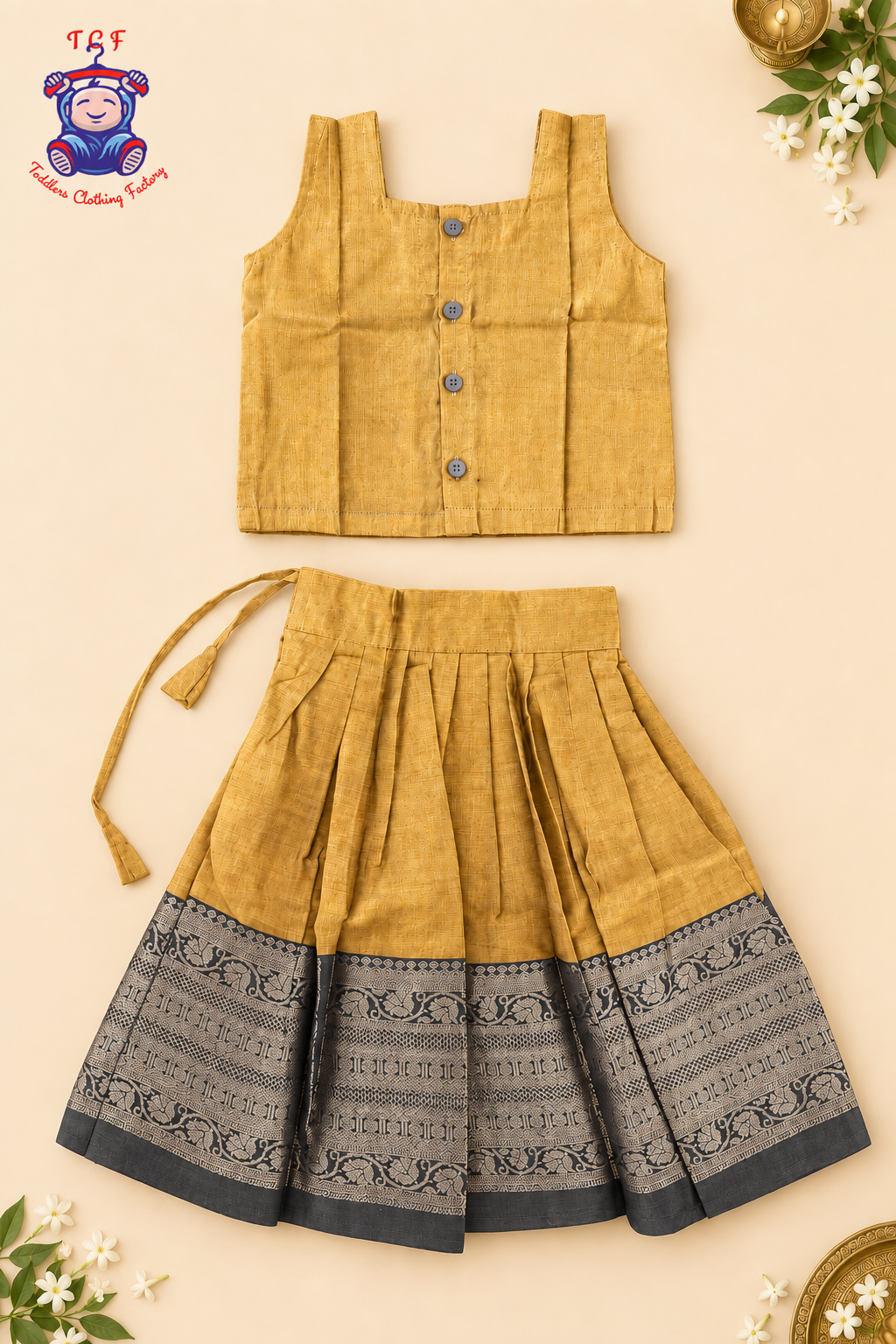 Mustard & Black Border With Gold Zari - Girls Chettinad Pavadai Sattai