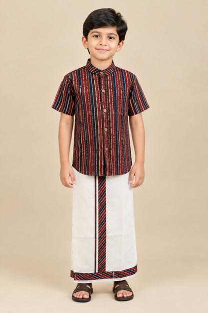 Red With  Blue & Cream - Boys Welcro Dhotis & Shirts