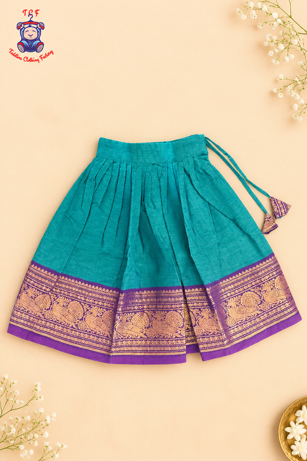 Sky Blue & Purple Border With Gold Zari - Girls Chettinad Pavadai Sattai