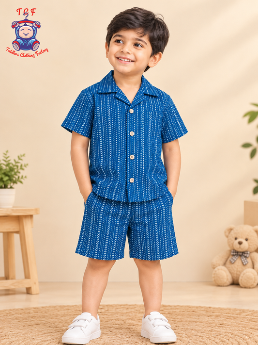 Blue - Boys Printed Spread Collor Shirts & Shorts