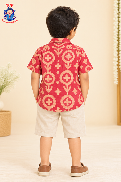 Red & Beige - Boys Readymade Bhatik Shirts