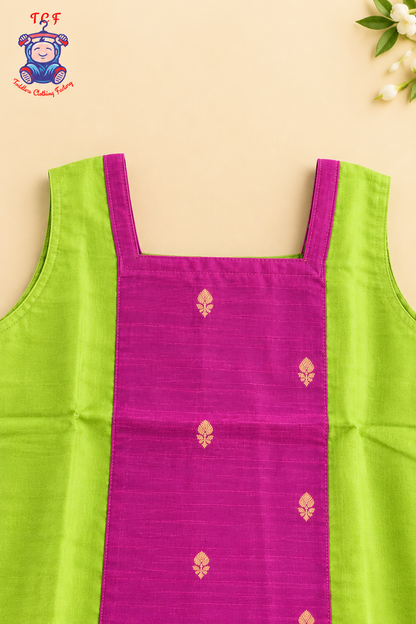 Parrot Green & Pink Border With Gold Butta - Girls Chettinad Pavadai Sattai