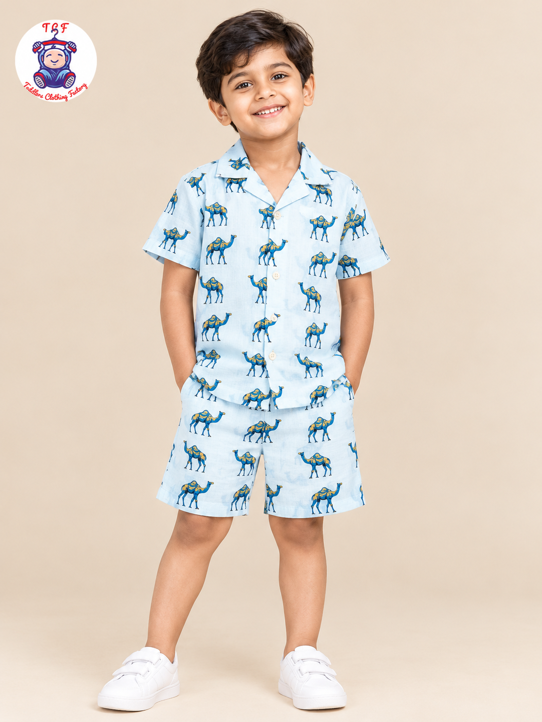 White - Boys Camel Printed Spread Collor Shirts & Shorts