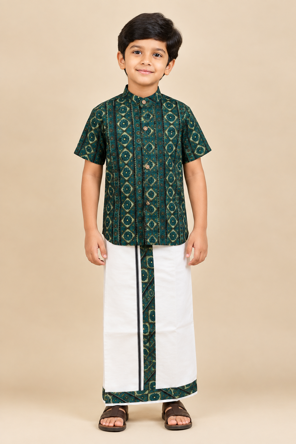 Light Green & White - Boys Welcro Dhotis & Shirts