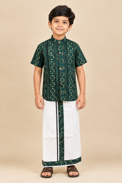 Light Green & White - Boys Welcro Dhotis & Shirts