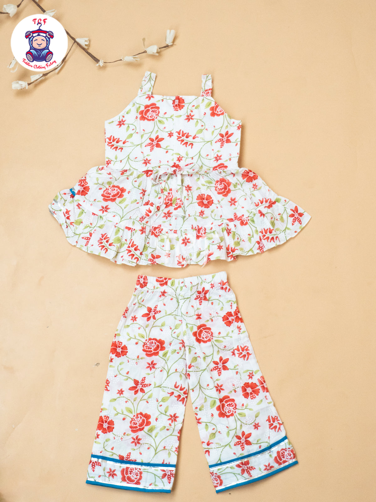 White & Red - Girls Embrodiery Flower Readymade Salwar