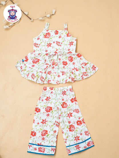 White & Red - Girls Embrodiery Flower Readymade Salwar