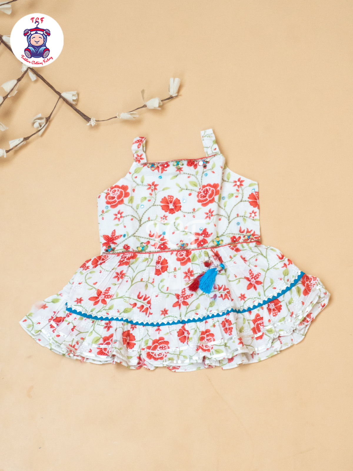 White & Red - Girls Embrodiery Flower Readymade Salwar