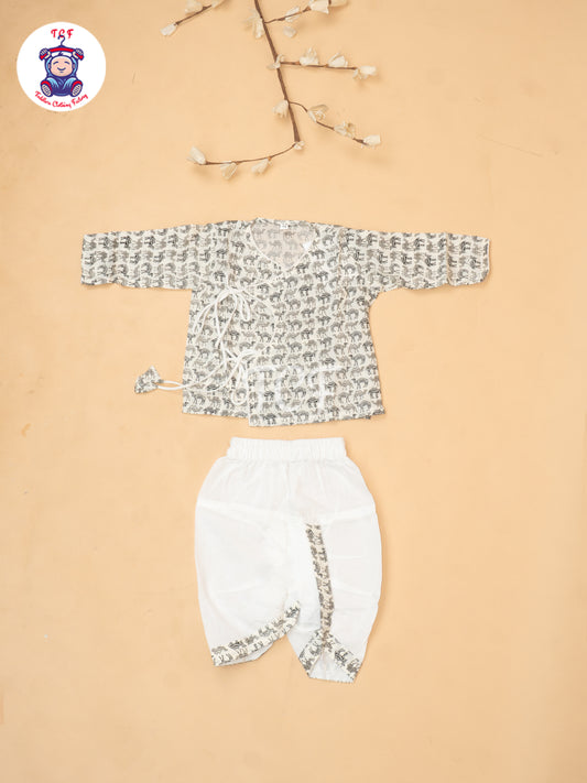 Grey - Camel Printed Boys Dhoti Kurta