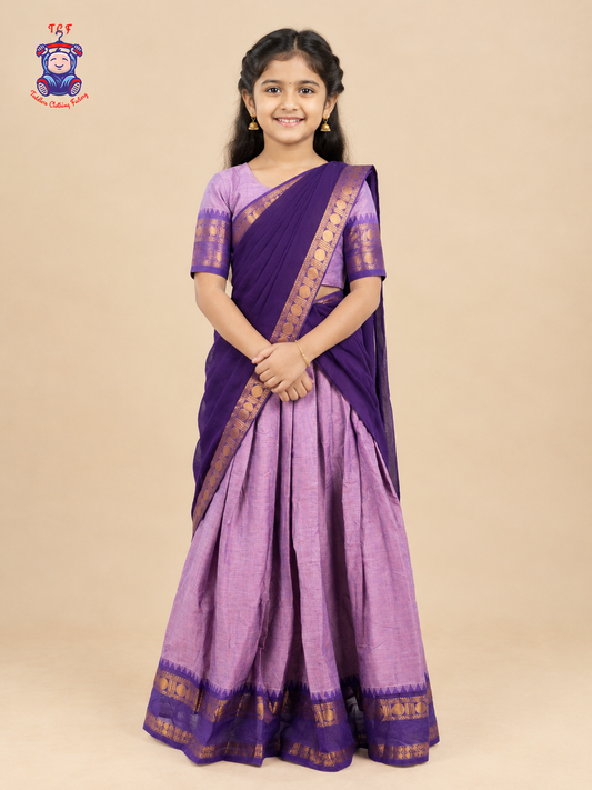 Chettinad Cotton Half Saree - Lavender & Purple with Gold Zari Border