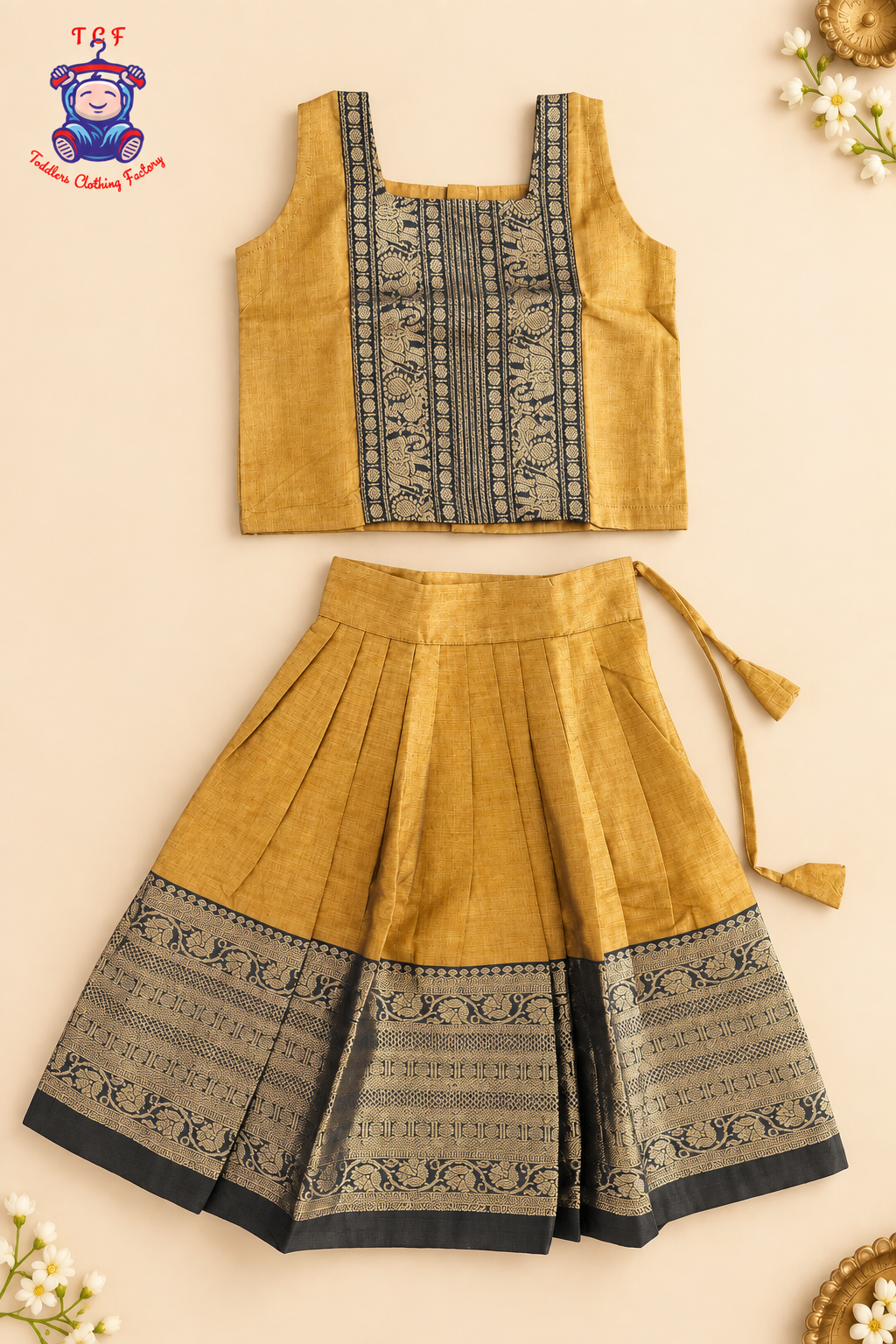 Mustard & Black Border With Gold Zari - Girls Chettinad Pavadai Sattai