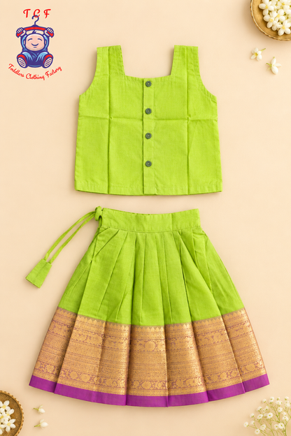 Parrot Green & Pink Border With Gold Butta - Girls Chettinad Pavadai Sattai