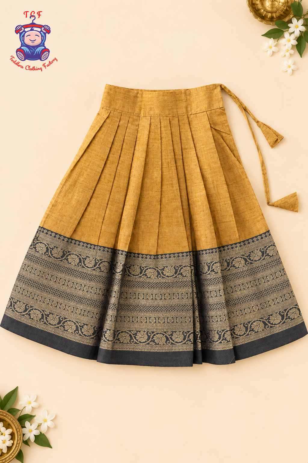 Mustard & Black Border With Gold Zari - Girls Chettinad Pavadai Sattai