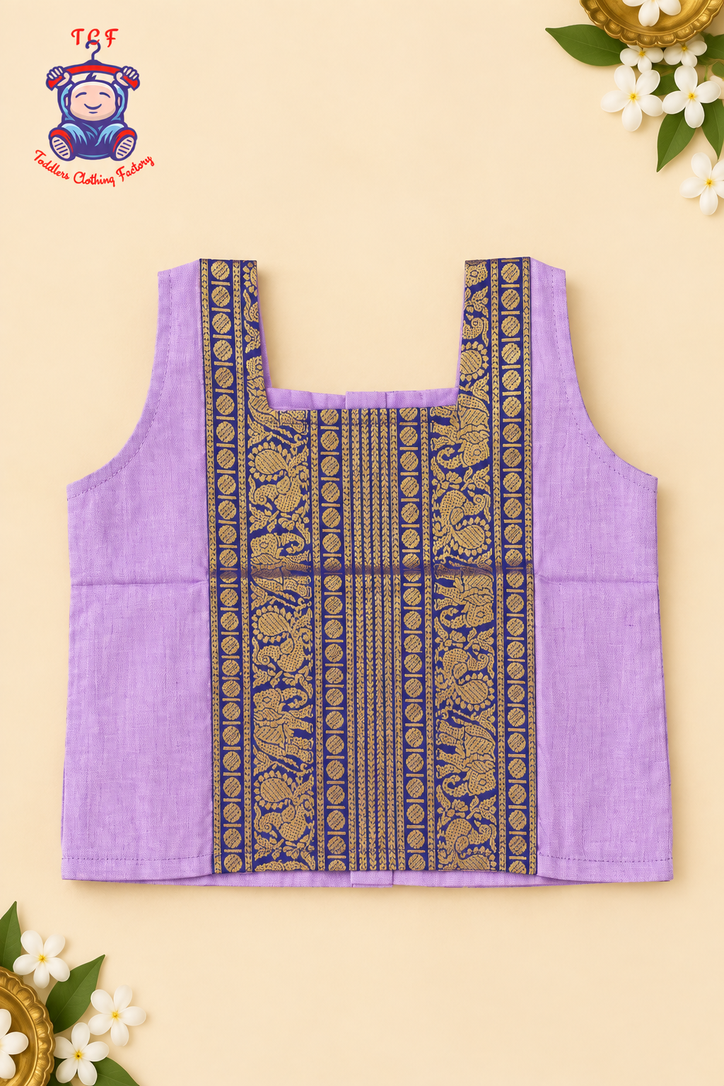 Lavender & Blue Border With Gold Zari - Girls Chettinad Pavadai Sattai