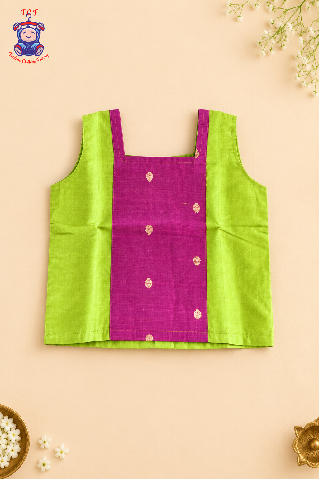 Parrot Green & Pink Border With Gold Butta - Girls Chettinad Pavadai Sattai