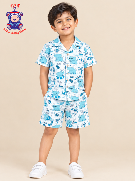 Blue - Boys Elephant Printed Spread Collor Shirts & Shorts