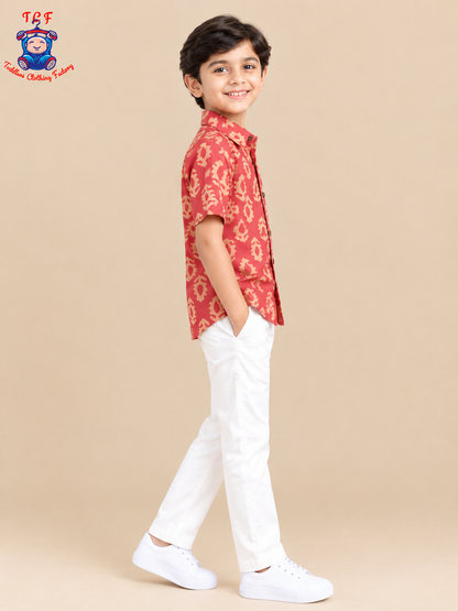Red & Beige - Boys Readymade Bhatik Shirts