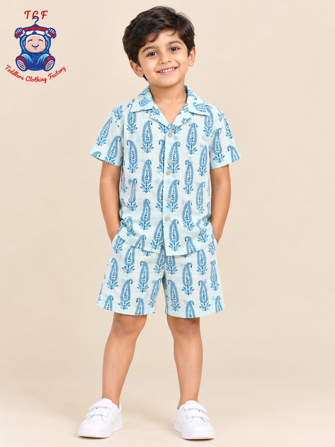 Cream - Boys Ajrakh Printed Spread Collor Shirts & Shorts