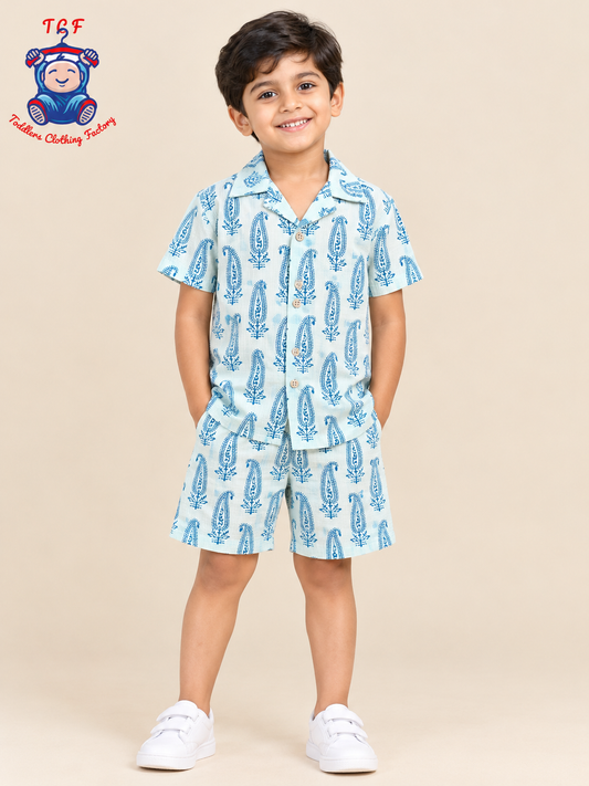 Cream - Boys Ajrakh Printed Spread Collor Shirts & Shorts